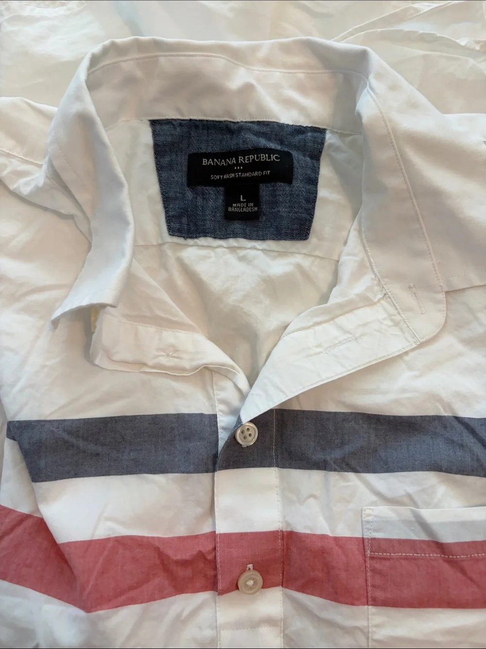 Banana Republic White button down shirt with Navy and Red Chest Stripes size L